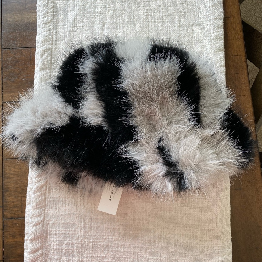 Anthropologie Black Quilted Lining with Black and White Faux Fur Trim Hat